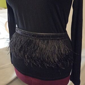 BCBGMAXAZRIA Black Feather& Crystal Waist Belt Elastic Back Statement LBD Accent